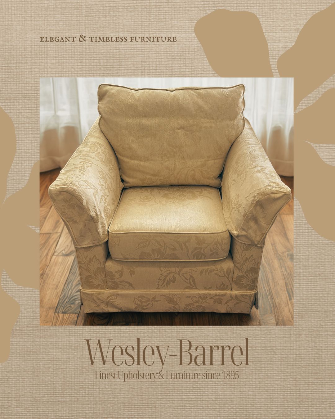 Wesley Barrell Wychwood Suite (2 Sofas + 1 Armchair) | 1990s Hand Made Hardwood Frame, Manufacturer Restored, Original Gold Damask Fabric"