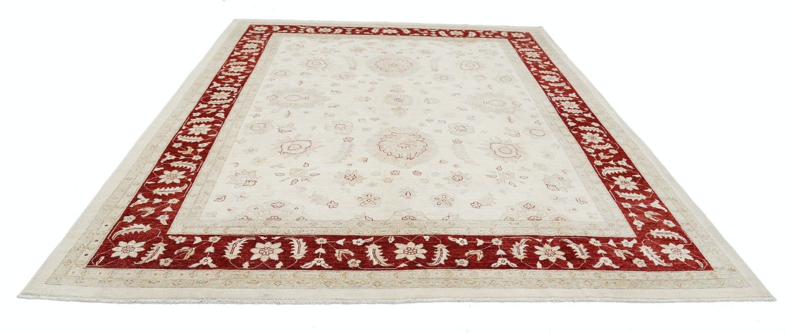 9x11,3 ft handgeknoopt bloemmotief vloerkleed, ivoor en rood, traditioneel tapijt photo Textiel