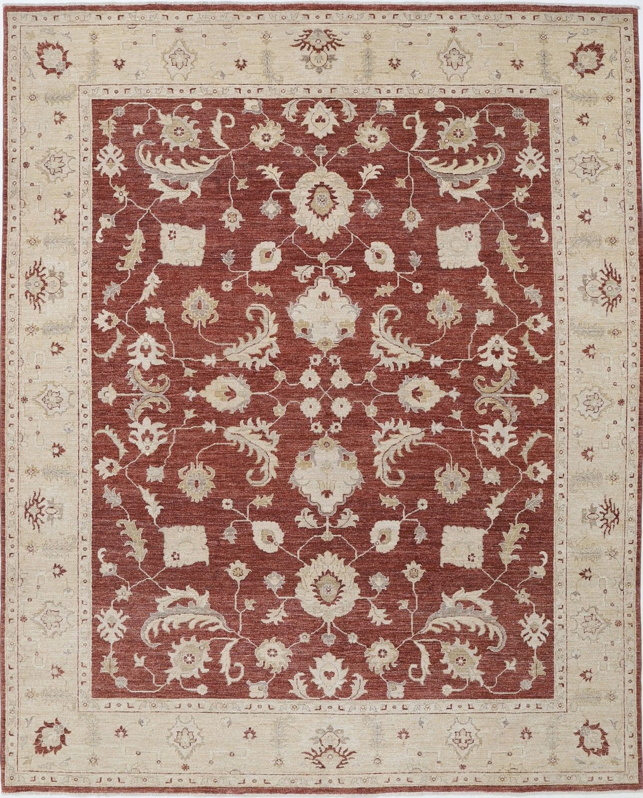 7,8 x 9,7 ft Handgeknoopt Bloemen Turks Vloerkleed met Rood Fond en Beige Rand