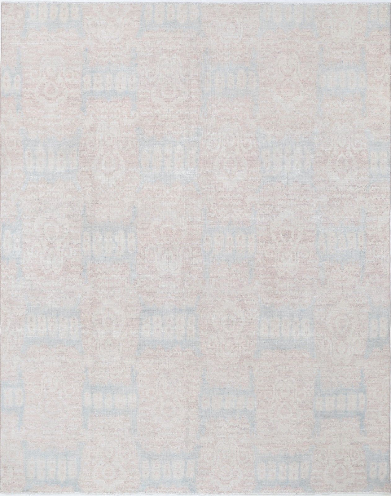 Handgeknoopt vloerkleed 242 x 305 cm, roze en lichtblauw geometrisch patroon, voor woonkamer