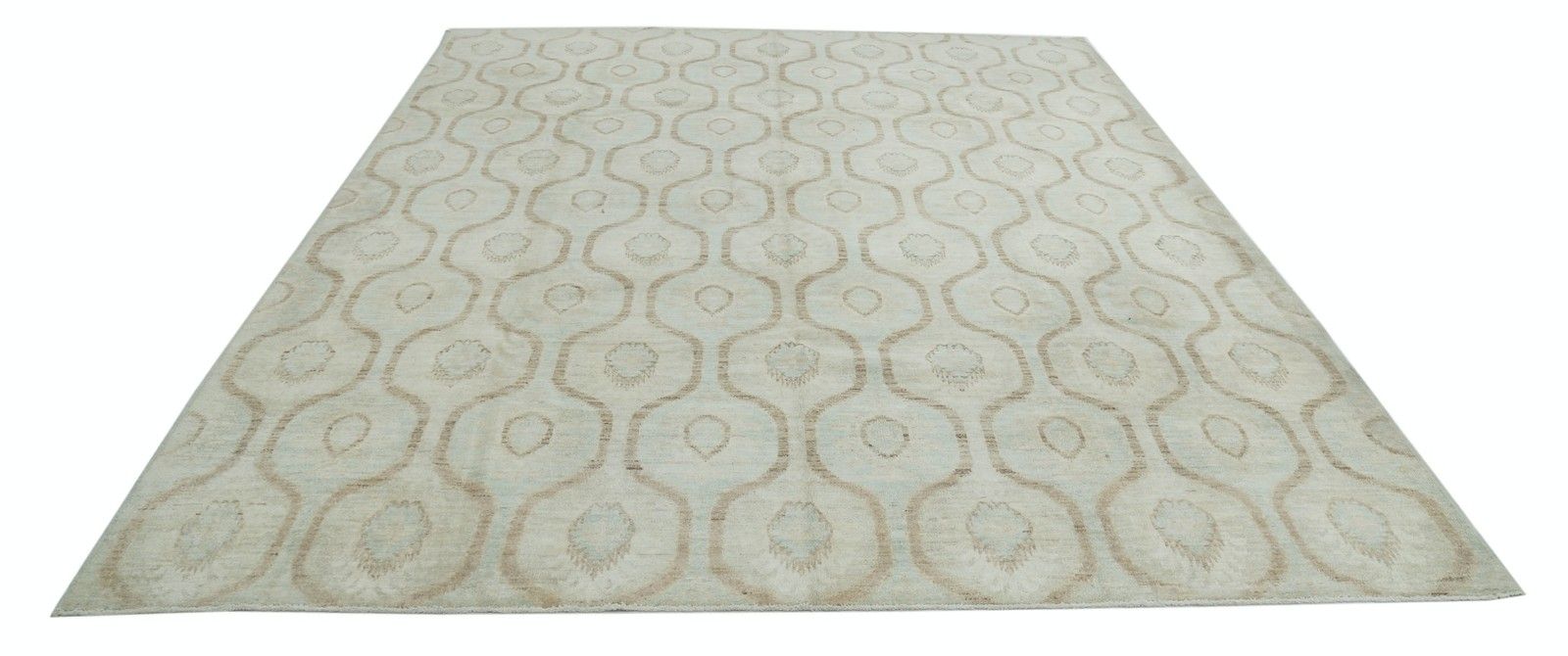 8x9.7 Ft Hand Knotted Trellis Rug In Beige And Light Blue. Geometric Wool Carpet photo Textiles