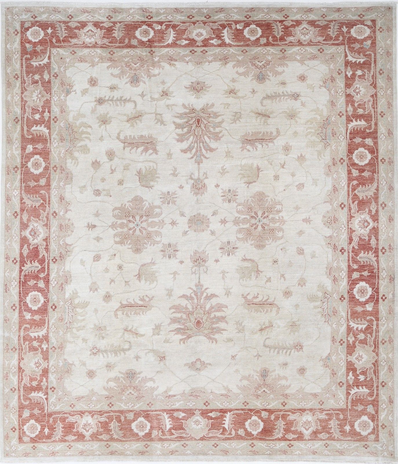 Grand tapis à motifs floraux noué à la main, champ ivoire et bordure rouge, 9,8 x 11,2 ft