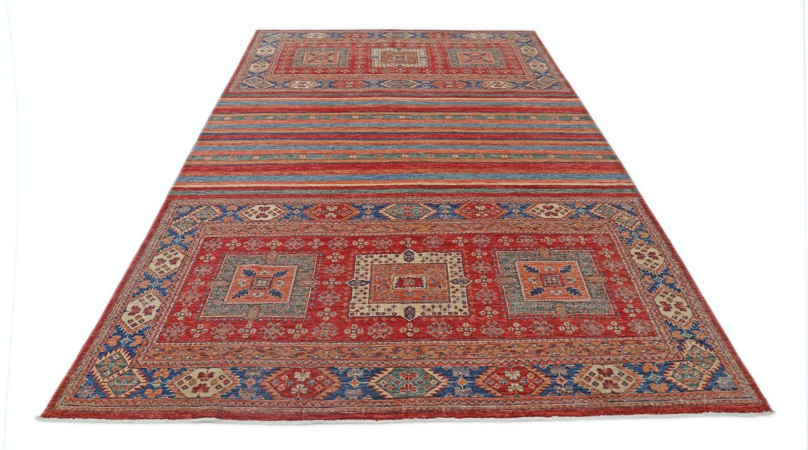 6,7x10 Ft Handgeknoopt Tribal Vloerkleed in Rood en Blauw, Geometrisch Gestreept Dessin photo for sale