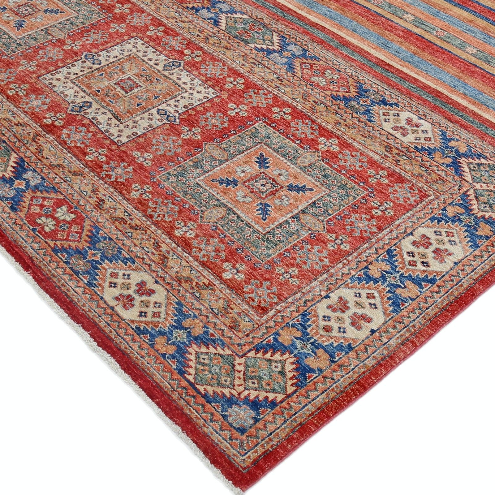 6.7x10 Ft Hand Knotted Tribal Red And Blue Area Rug, Geometric Striped Design photo vinterior
