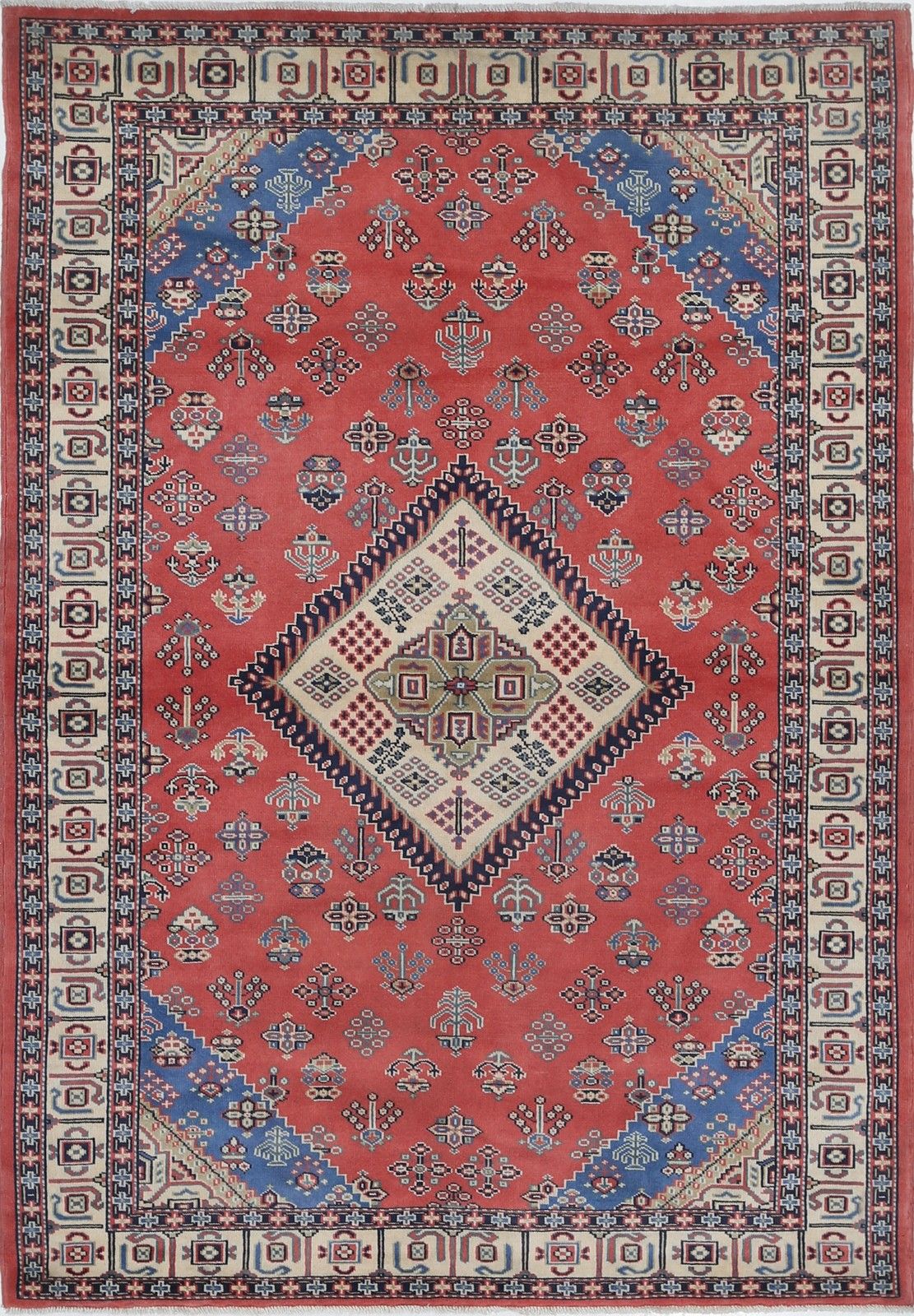 Tapis tribal noué à la main 127 x 183 cm. Tapis d'accent rouge à motif médaillon