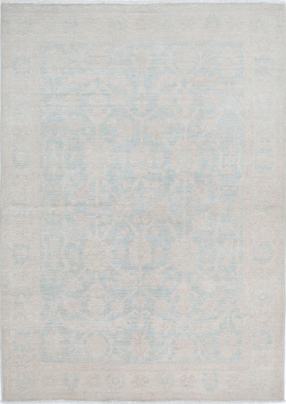 4x5,7 ft handgeknoopt vloerkleed in ivoor en lichtblauw. Accent rug in Turks Oushak-stijl