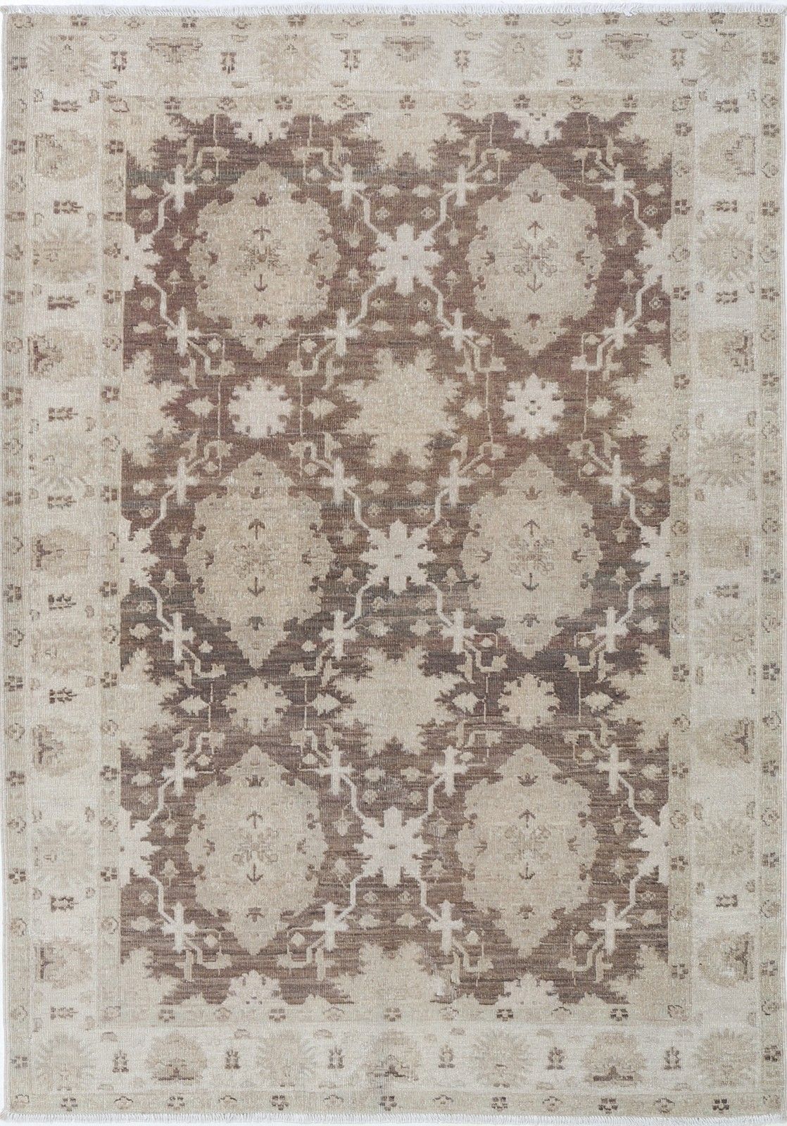 4x5.7 Ft Handknotted Brown, Ivory Area Rug. Traditional Floral Design Accent Rug