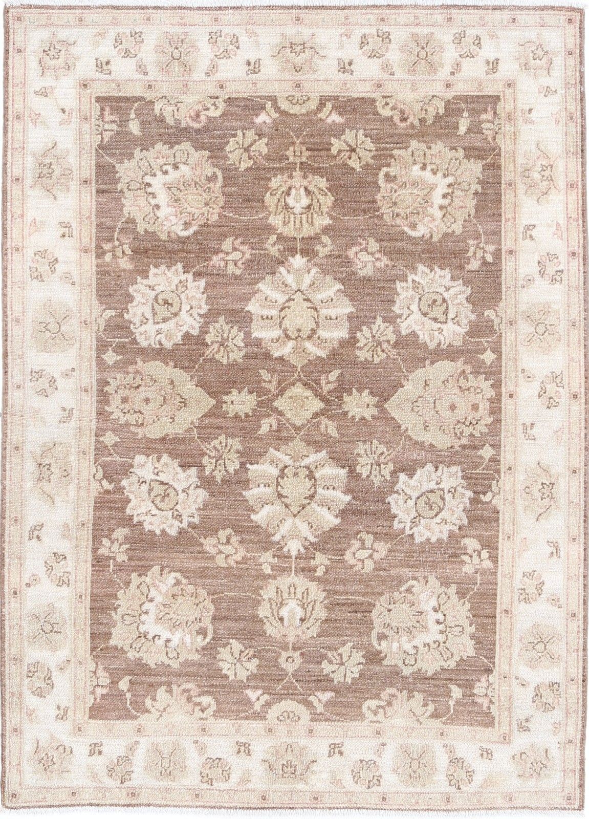 3,7x5,3 ft handgeknoopt wollen vloerkleed in bruin en ivoor. Turks Oushak accent kleed