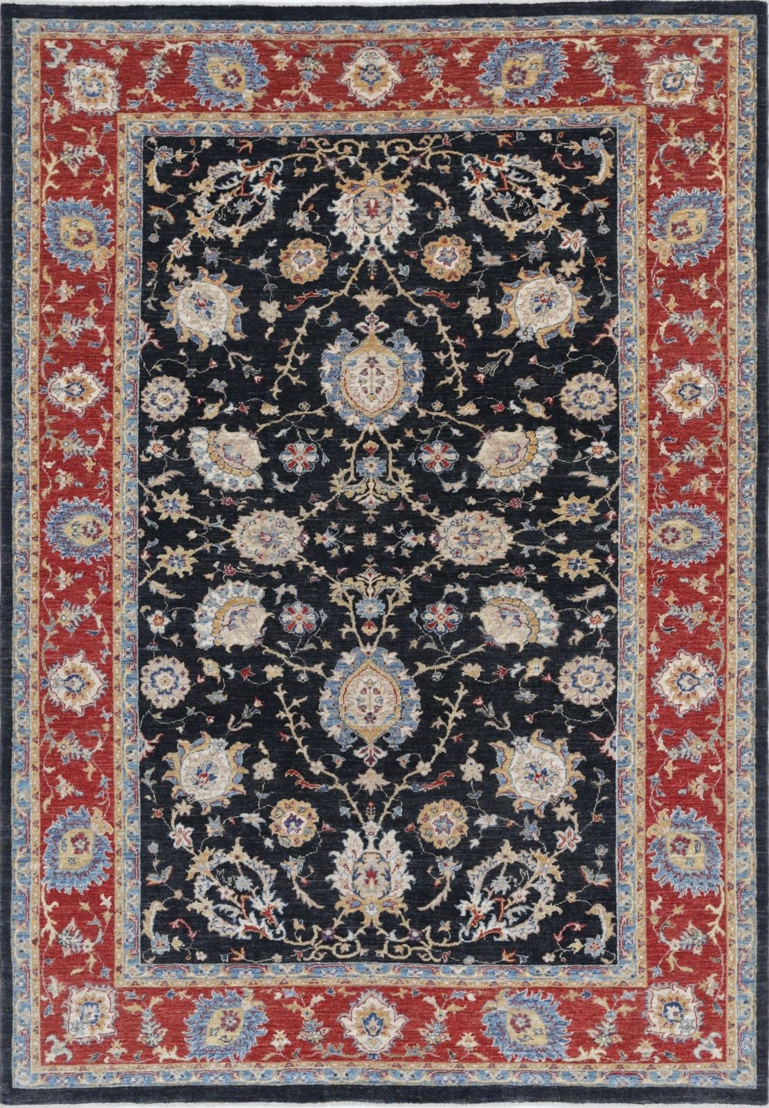 6.6x9.7 Ft Hand Knotted Floral Turkish Area Rug With Black Field And Red Border