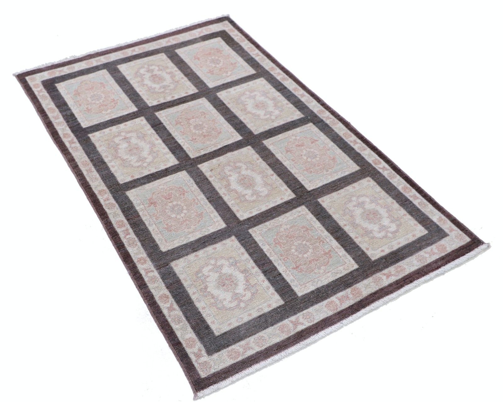 3x5 Ft Handknotted Brown, Ivory, Blush Area Rug. Turkish Panel Motif Accent Rug photo furniture