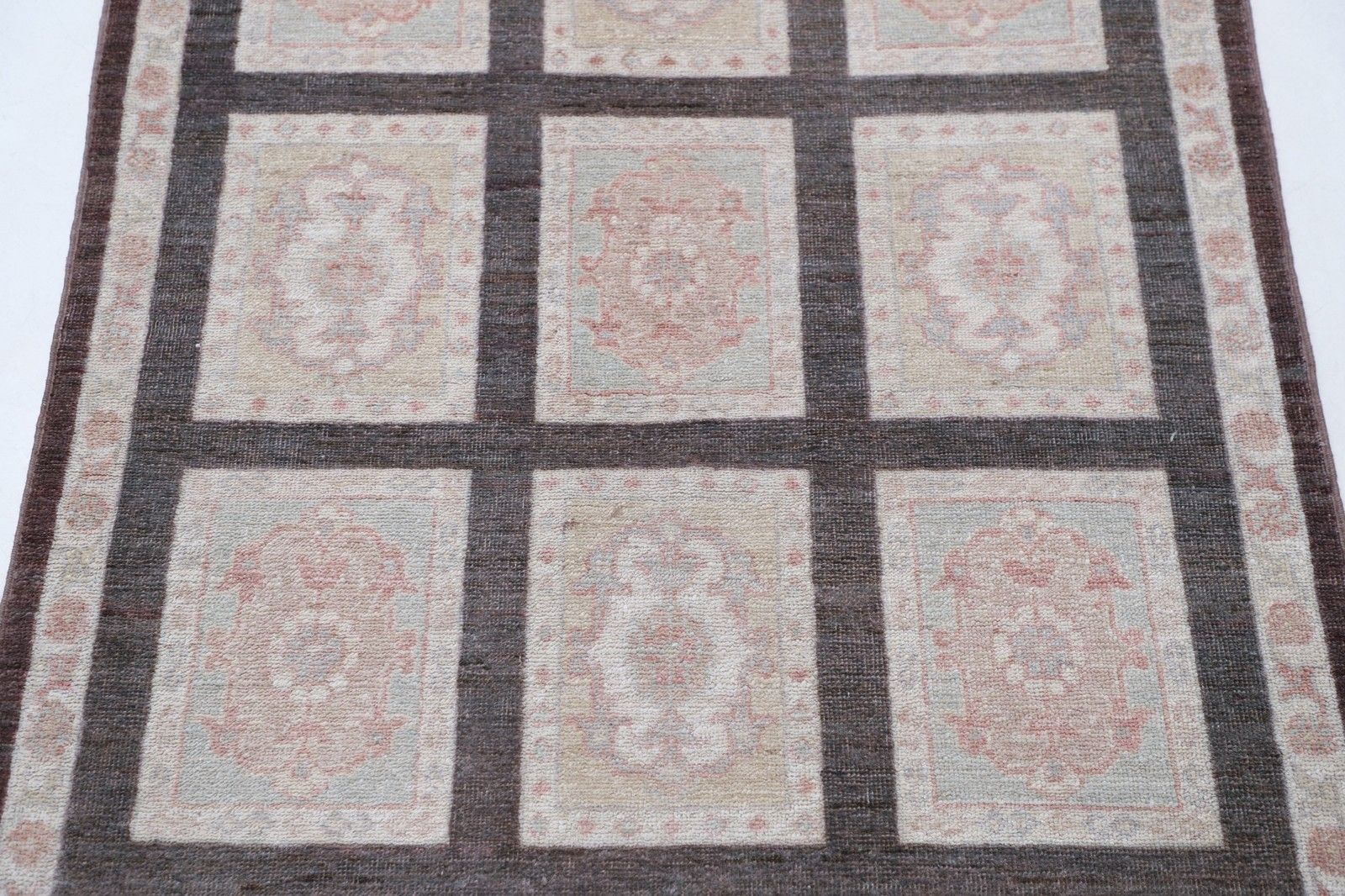 3x5 Ft Handknotted Brown, Ivory, Blush Area Rug. Turkish Panel Motif Accent Rug photo for sale