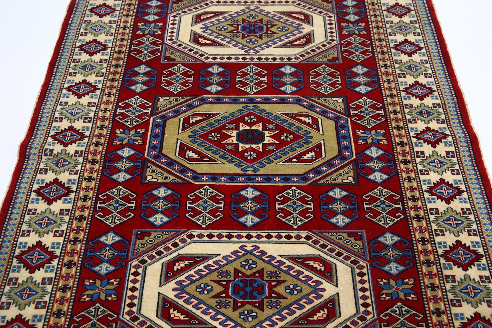 Tapis d'appoint en laine noué à la main, rouge, bleu marine, ivoire et bleu clair, 1,27 x 1,76 m photo 1182.0