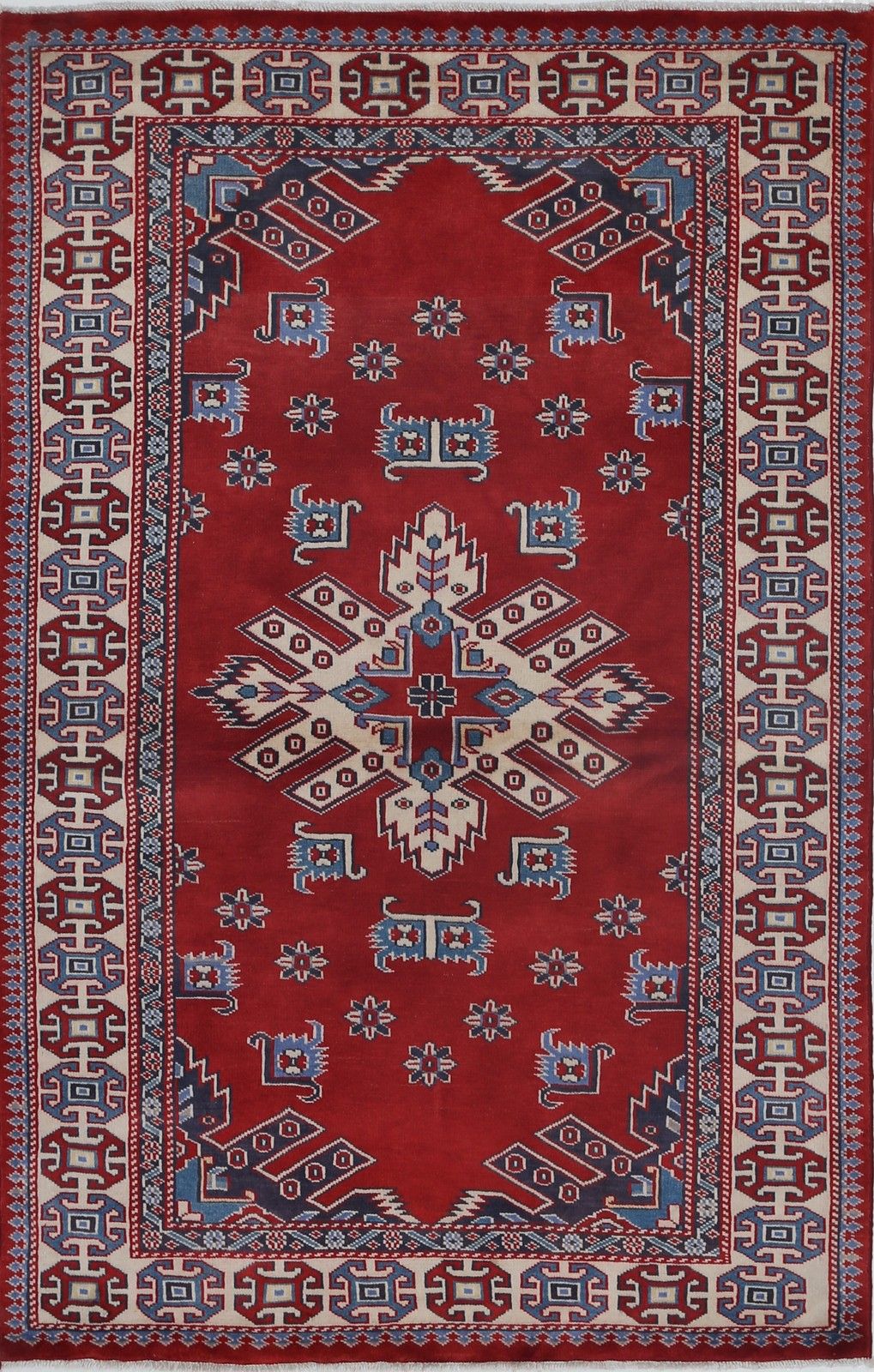 3.2x5 Ft Hand Knotted Tribal Red, Navy Blue, Ivory, Light Blue Accent Rug