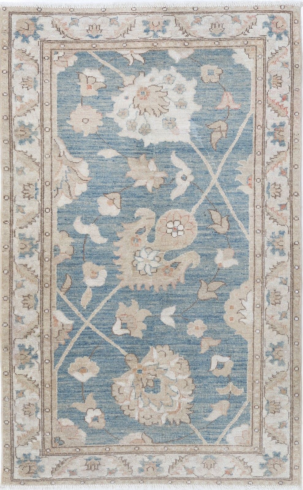 3x5 Ft Hand Knotted Light Blue, Ivory, Beige Turkish Oushak Wool Accent Rug