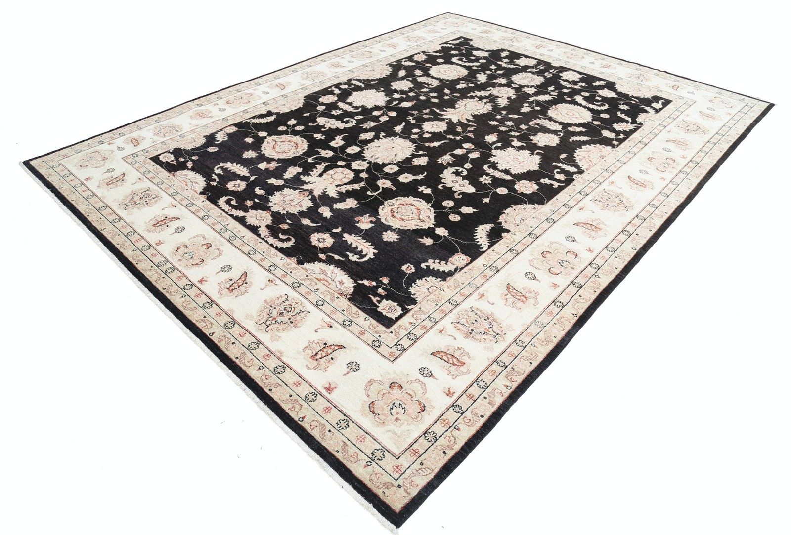 9x12.2 Ft Hand Knotted Floral Turkish Area Rug With Black Field And Ivory Border photo for sale