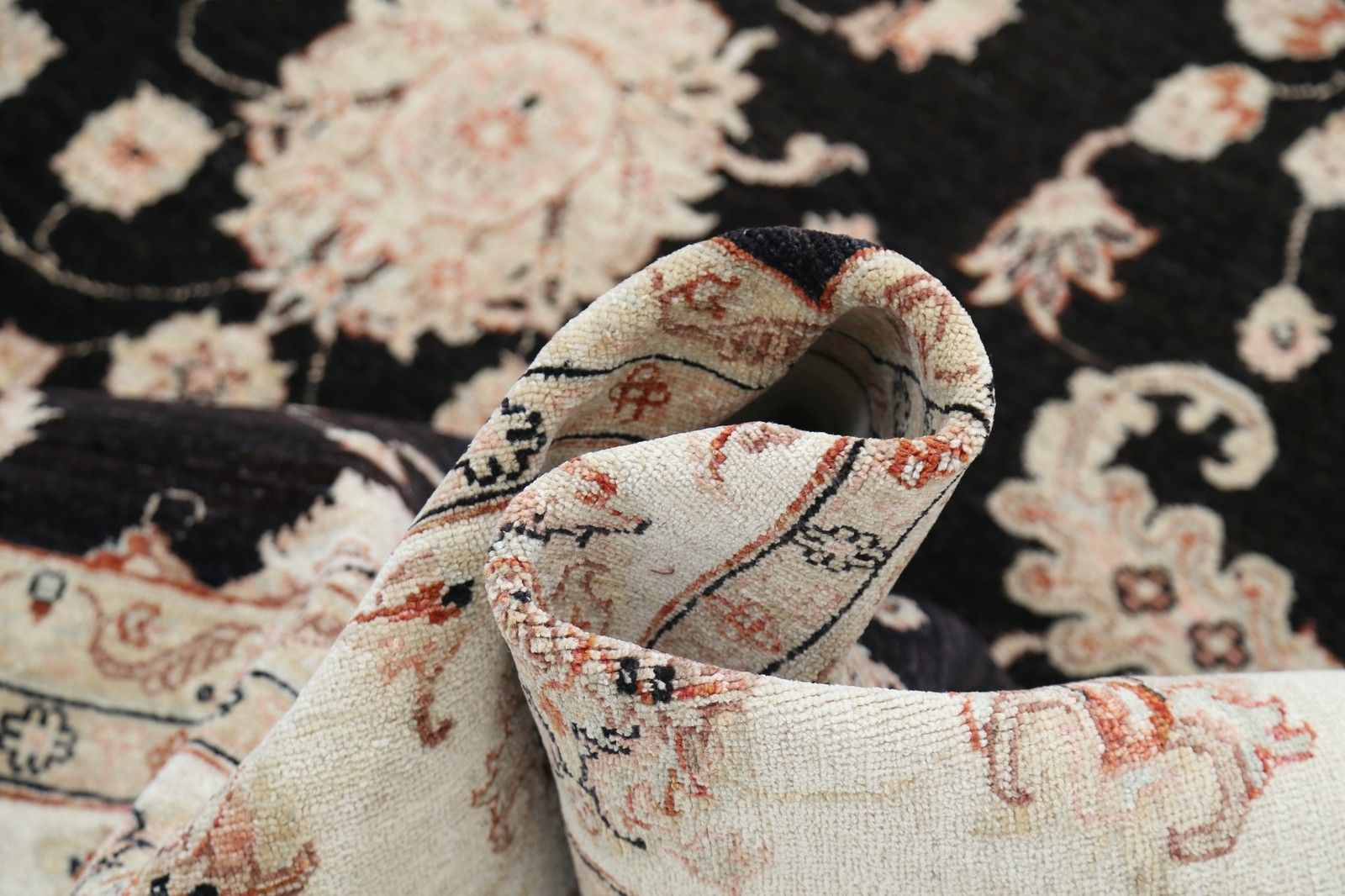 9x12.2 Ft Hand Knotted Floral Turkish Area Rug With Black Field And Ivory Border photo vinterior