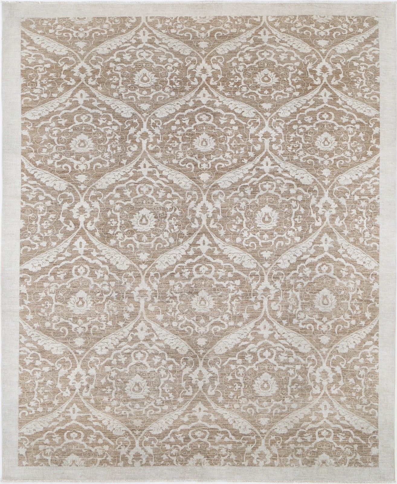 8,3x10,3 ft Handgeknoopt Taupe en Ivoor Vloerkleed met Herhalend Medaillonpatroon
