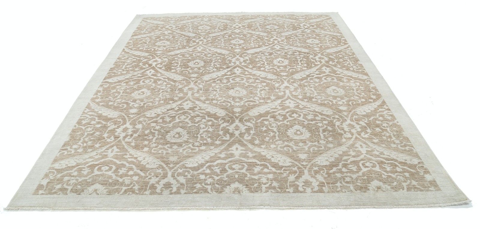 8,3x10,3 ft Handgeknoopt Taupe en Ivoor Vloerkleed met Herhalend Medaillonpatroon photo Textiel