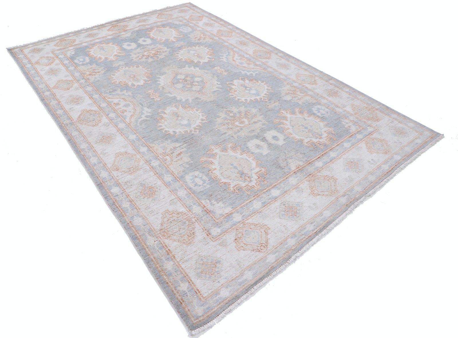 6.2x9 Ft Handknotted Light Blue, Beige Rug With Soft Peach Geometric Motifs photo furniture