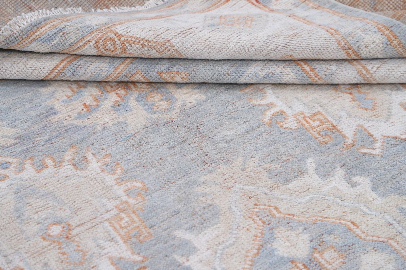 6.2x9 Ft Handknotted Light Blue, Beige Rug With Soft Peach Geometric Motifs photo 2745.0