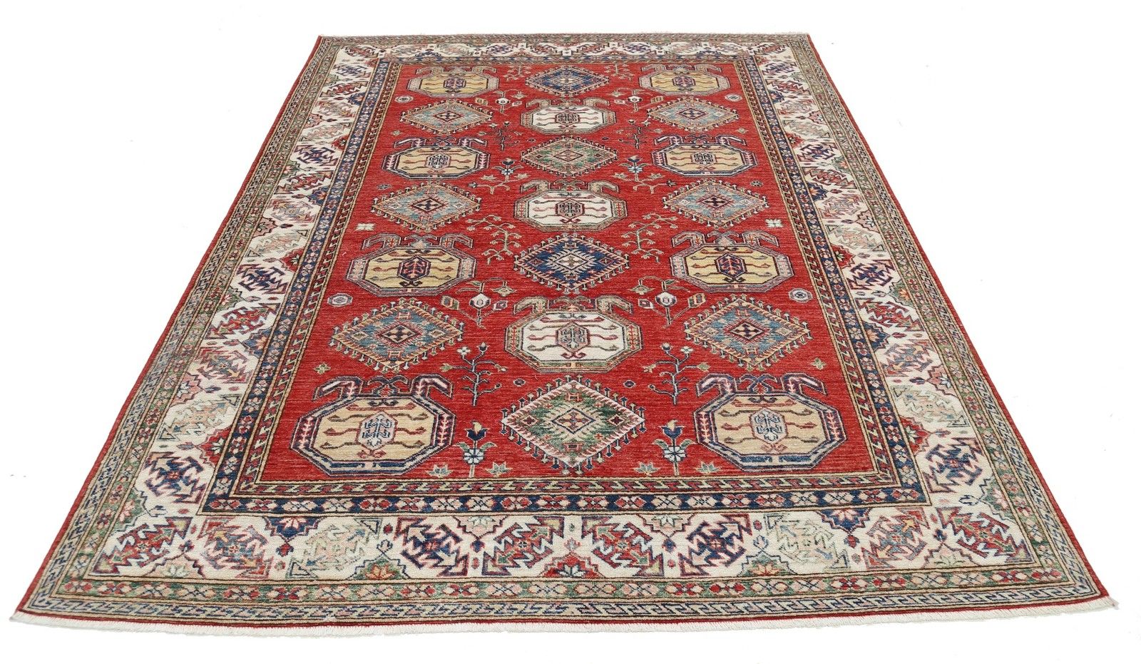 Tapis en laine noué à la main, rouge, ivoire et bleu marine, à motif géométrique, 2 x 2,6 m photo Textiles