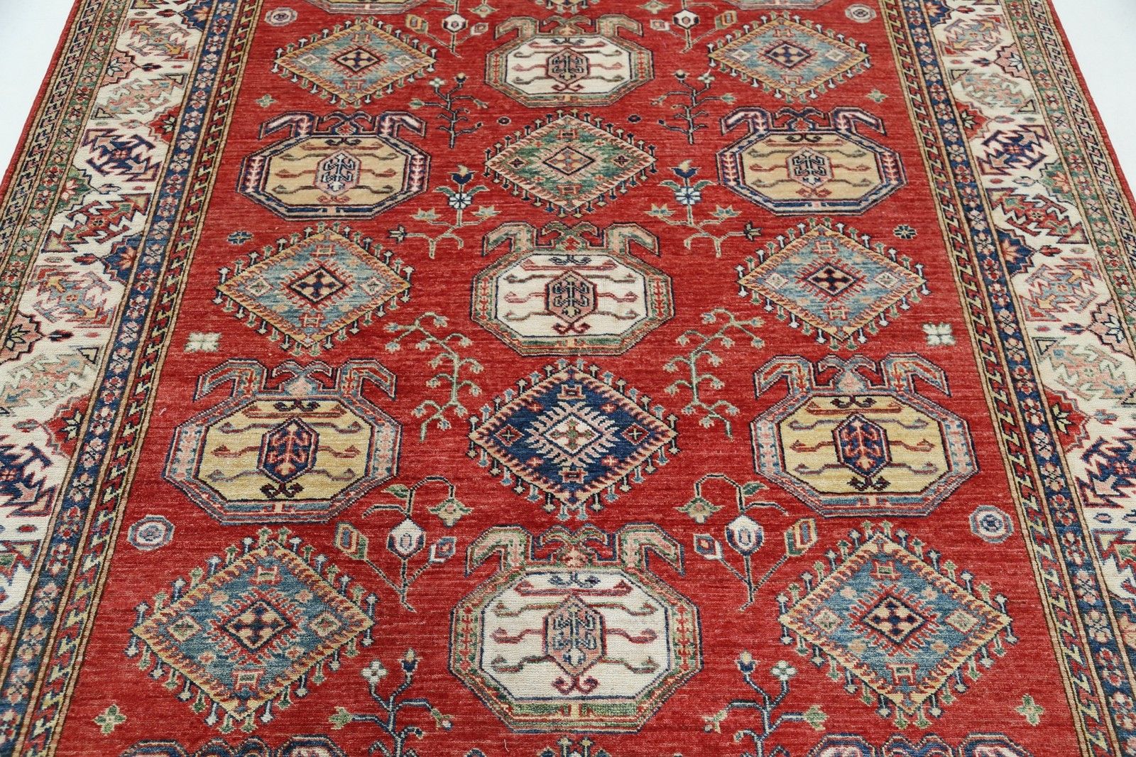 6.6x8.6 Ft Handknotted Red, Ivory, Navy Blue Wool Area Rug With Geometric Design photo 2745.0