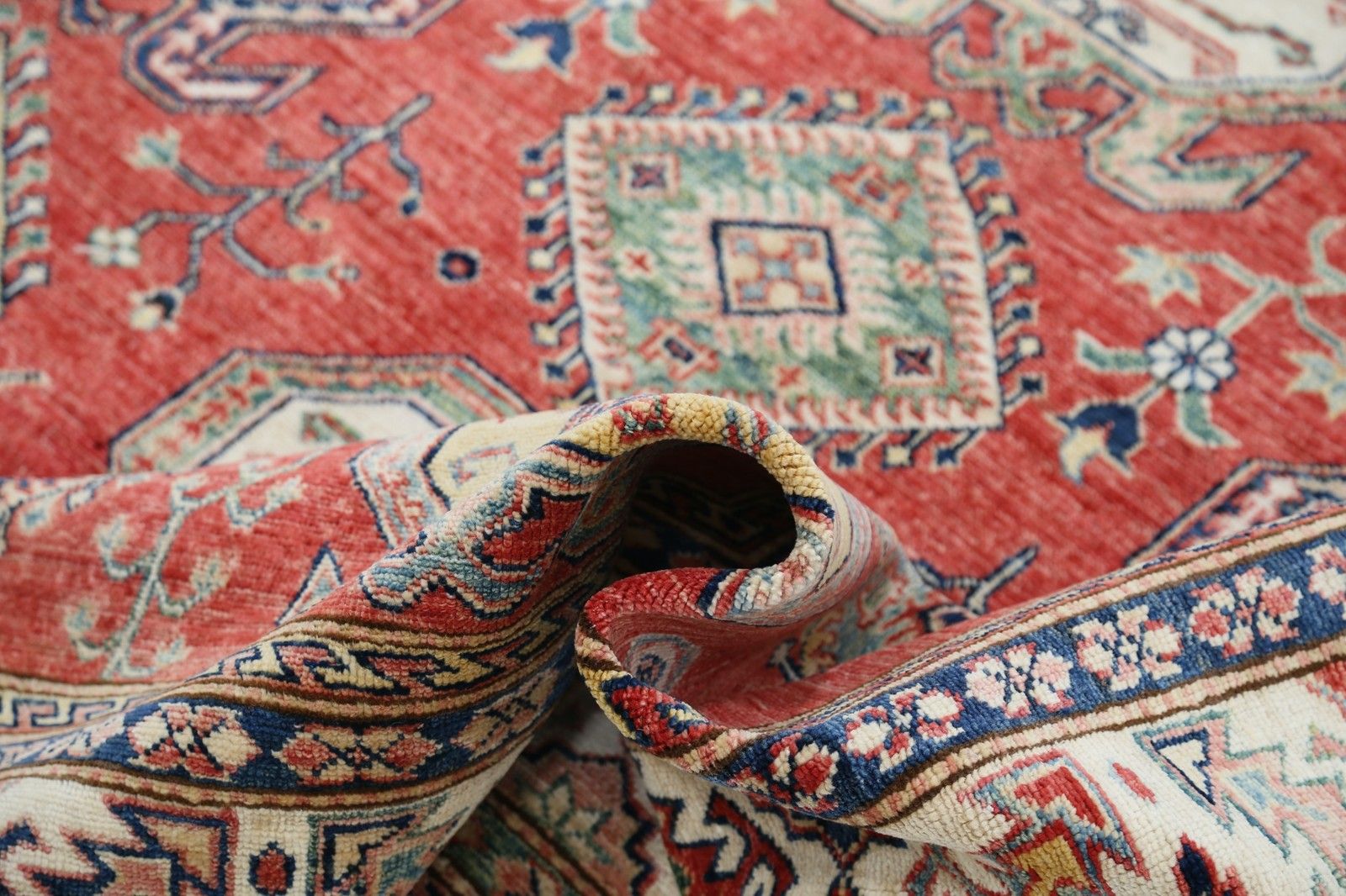 6.6x8.6 Ft Handknotted Red, Ivory, Navy Blue Wool Area Rug With Geometric Design photo vinterior