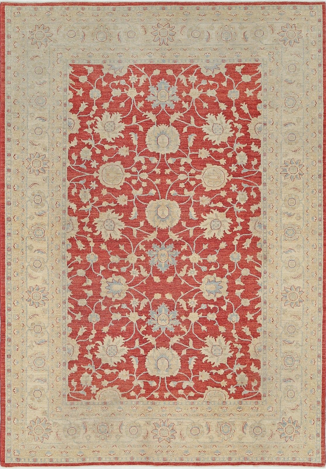 Tapis Oushak floral noué à la main, champ rouge et bordure ivoire, 2,34 x 3,31 m