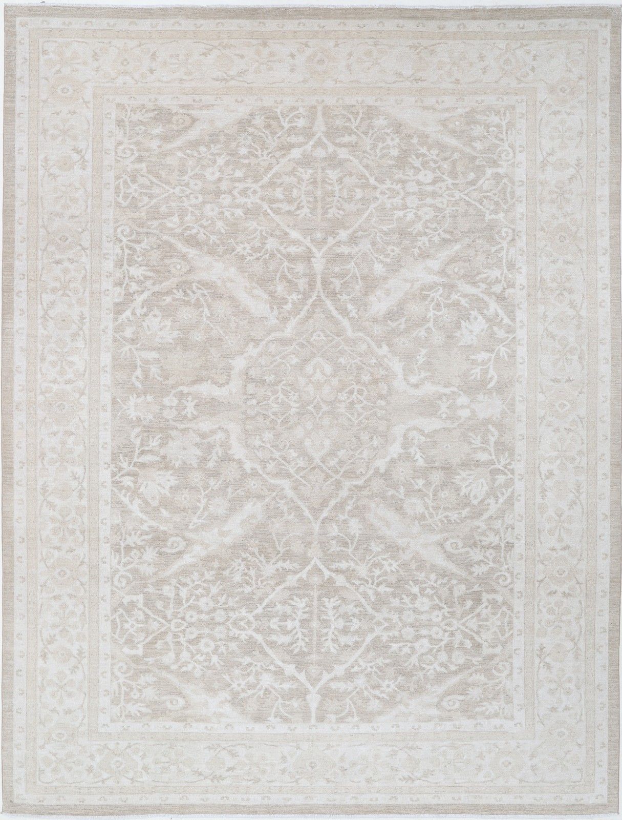 10x13.3 Ft Traditional Hand Knotted Oushak Rug, Beige Floral Design Carpet