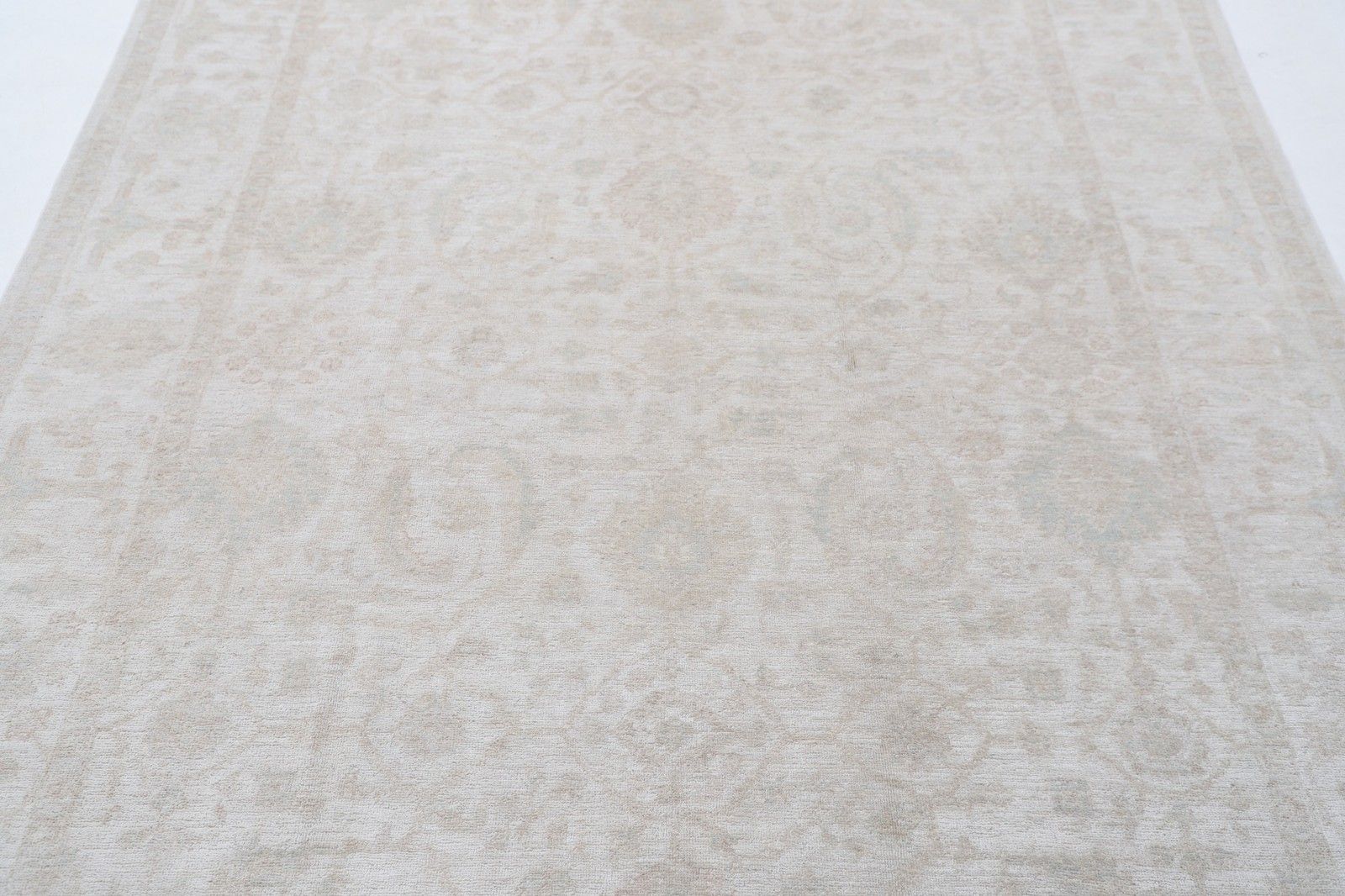 6x8.8 Ft Hand Knotted Oushak Area Rug, Beige Carpet With Soft Medallion Pattern photo for sale