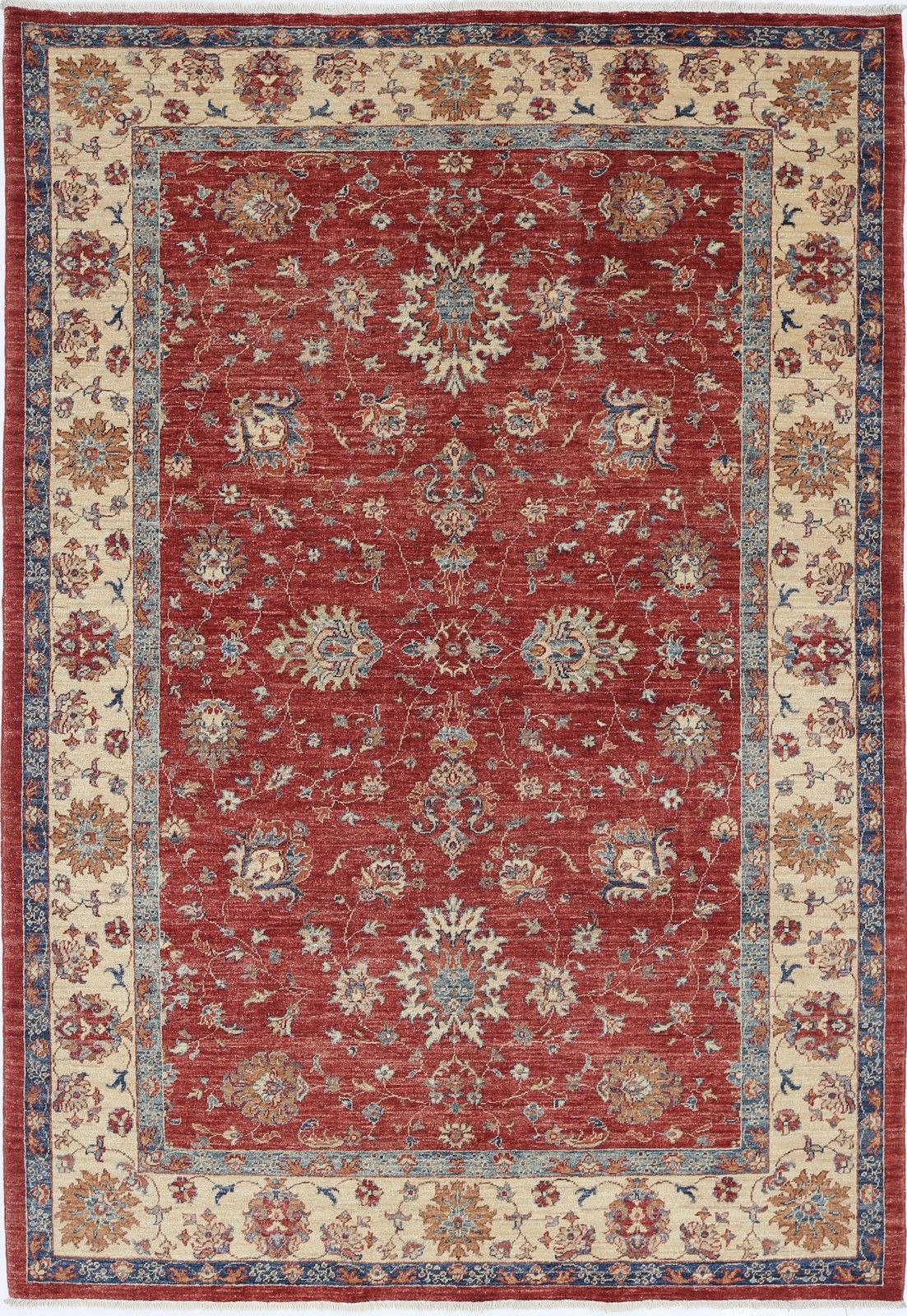 5.7x8.2 Ft Hand Knotted Red Turkish Area Rug With Ivory Border And Blue Details