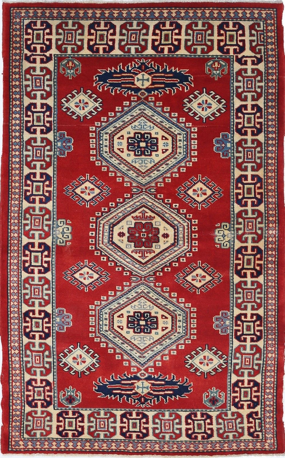 2.5x4.3 Ft Handknotted Tribal Wool Area Rug In Red, Navy Blue, Ivory, Light Blue