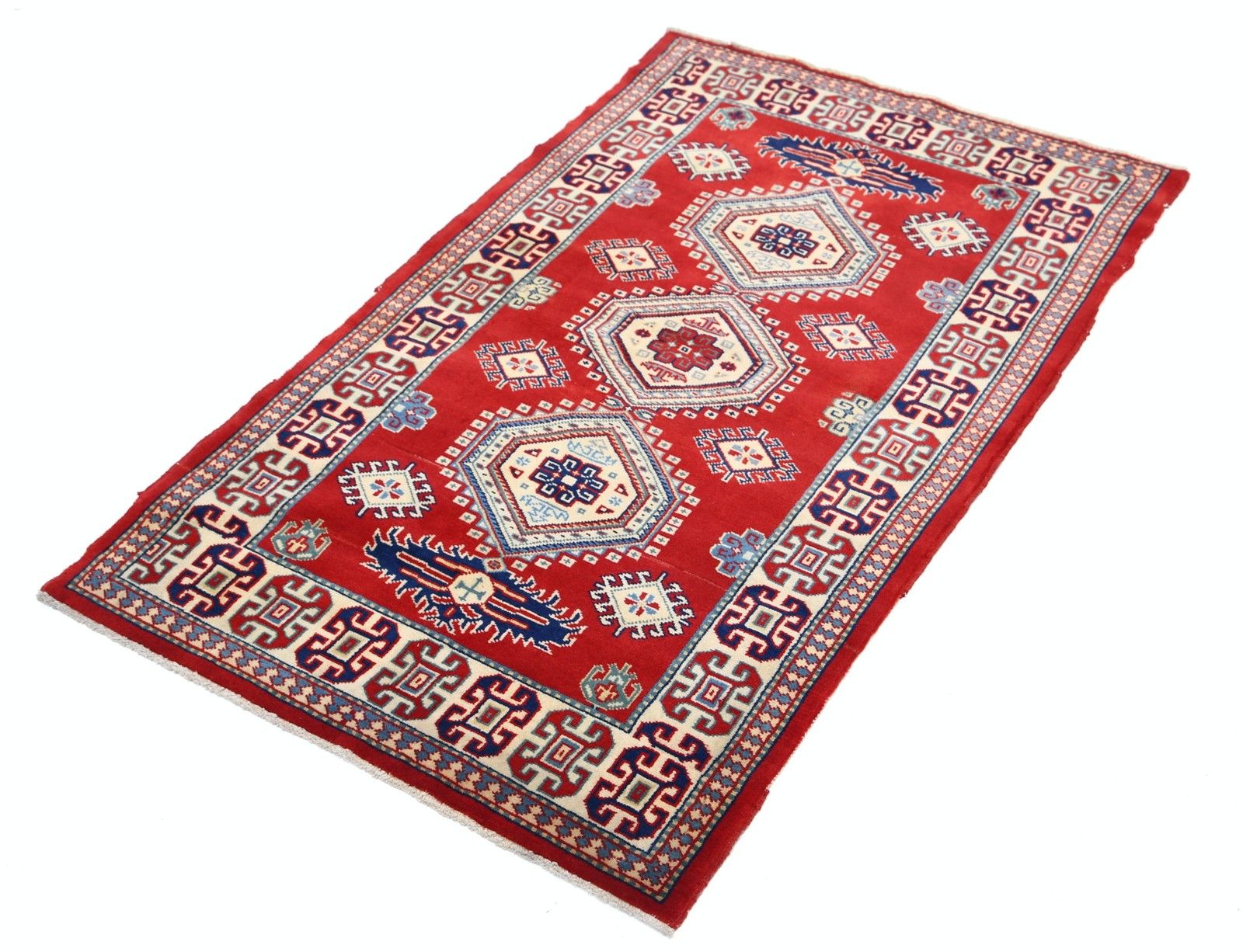 Tapis en laine noué à la main, style tribal, 74 x 130 cm (2,5 x 4,3 pi), rouge, bleu marine, ivoire, bleu clair photo for sale