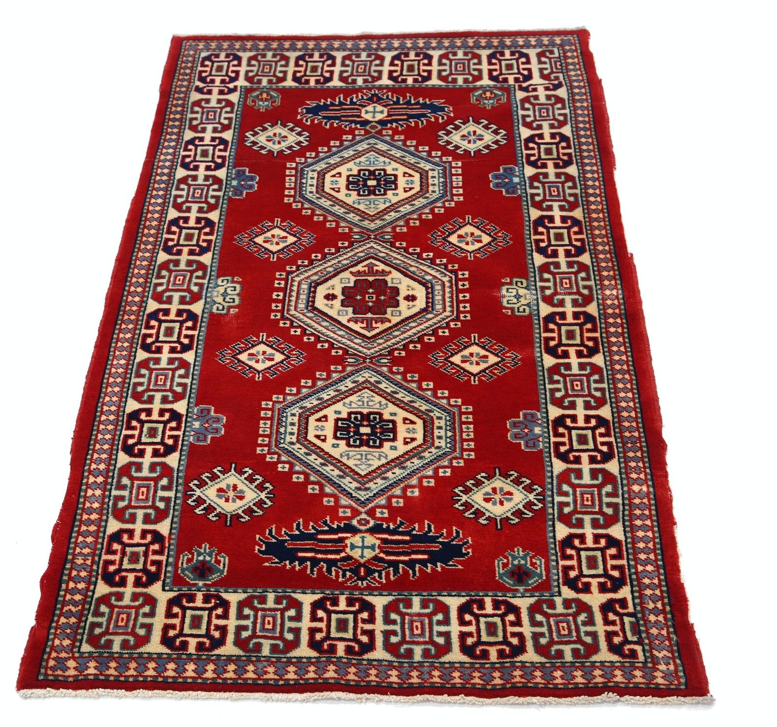 Tapis en laine noué à la main, style tribal, 74 x 130 cm (2,5 x 4,3 pi), rouge, bleu marine, ivoire, bleu clair photo Textiles