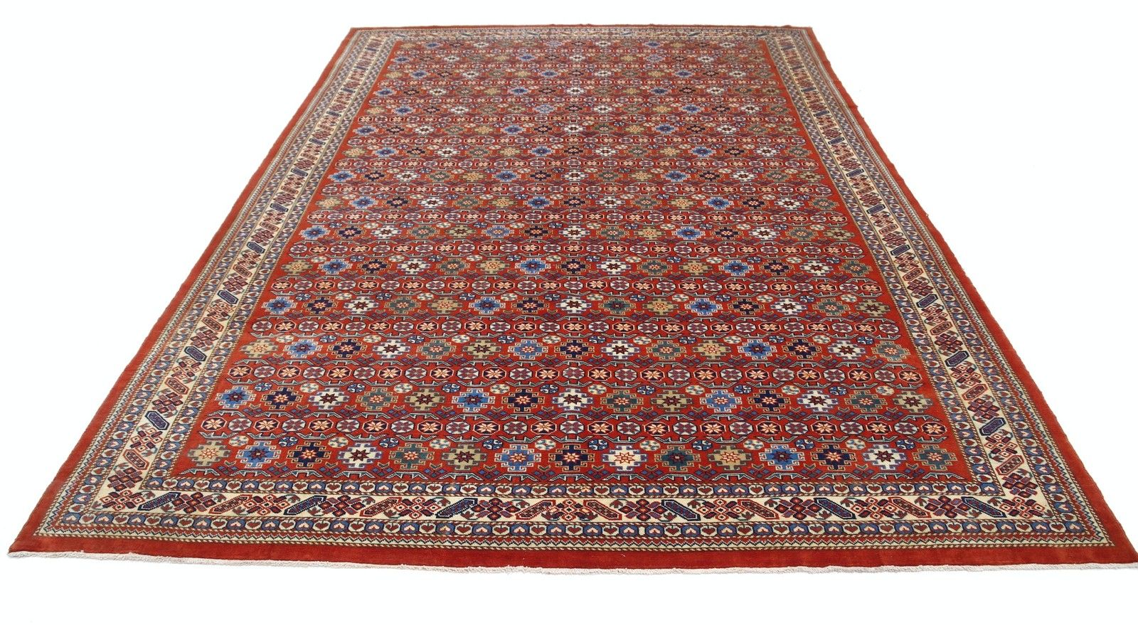 Tapis à motifs géométriques tribaux noué à la main, en rouge rouille, bleu marine et beige, 2,27 x 3,08 m photo Textiles