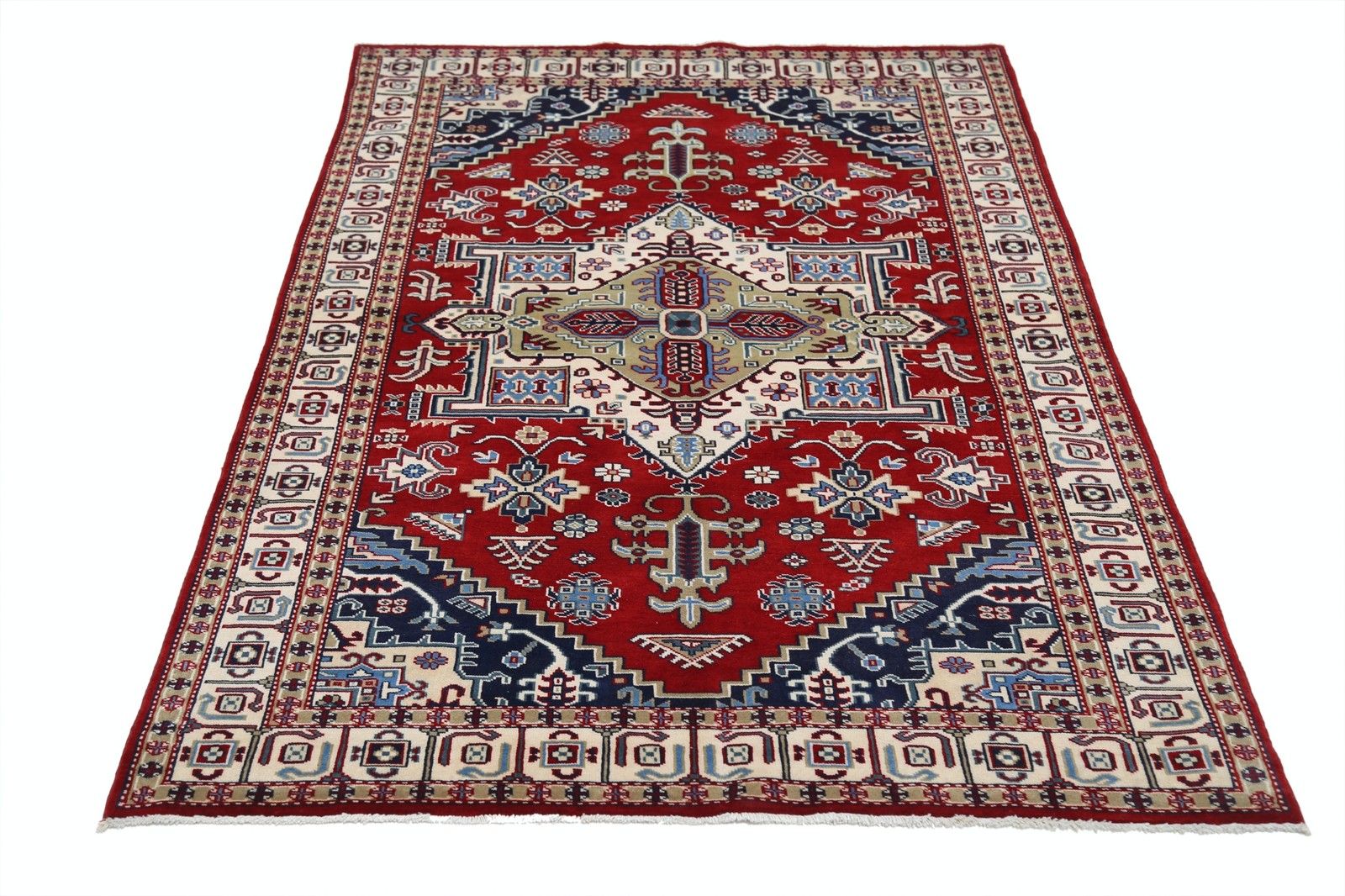 4,2x6,2 ft handgeknoopt tapijt in rood, marineblauw en ivoor. Tapijt met geometrisch medaillonmotief photo Textiel