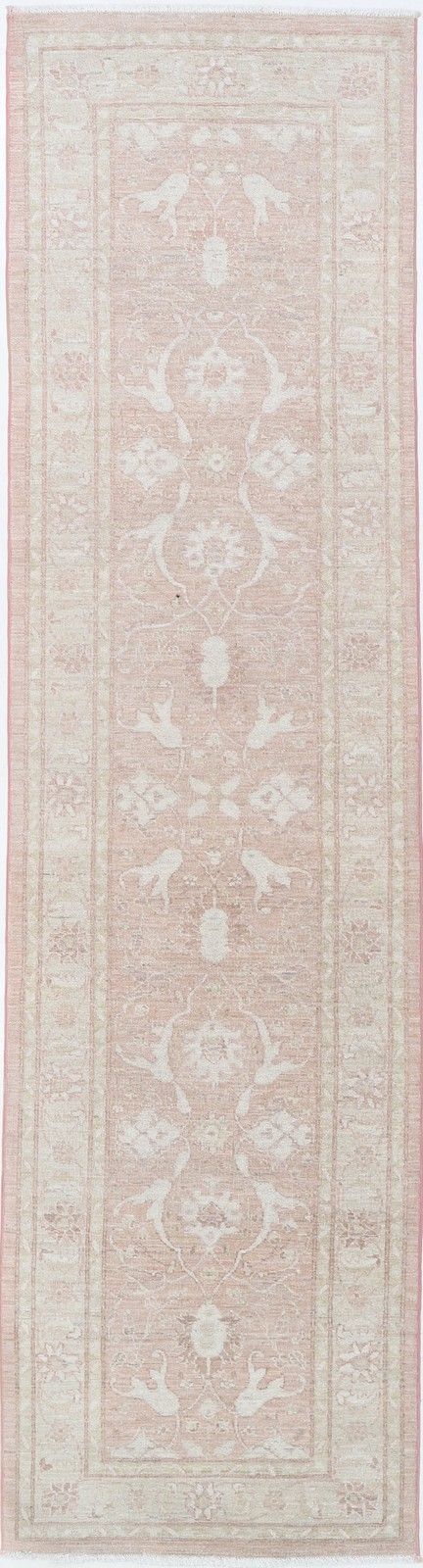 2.4x9.7 Ft Handknotted Hallway Runner Rug In Soft Pink & Beige. Kitchen Rug