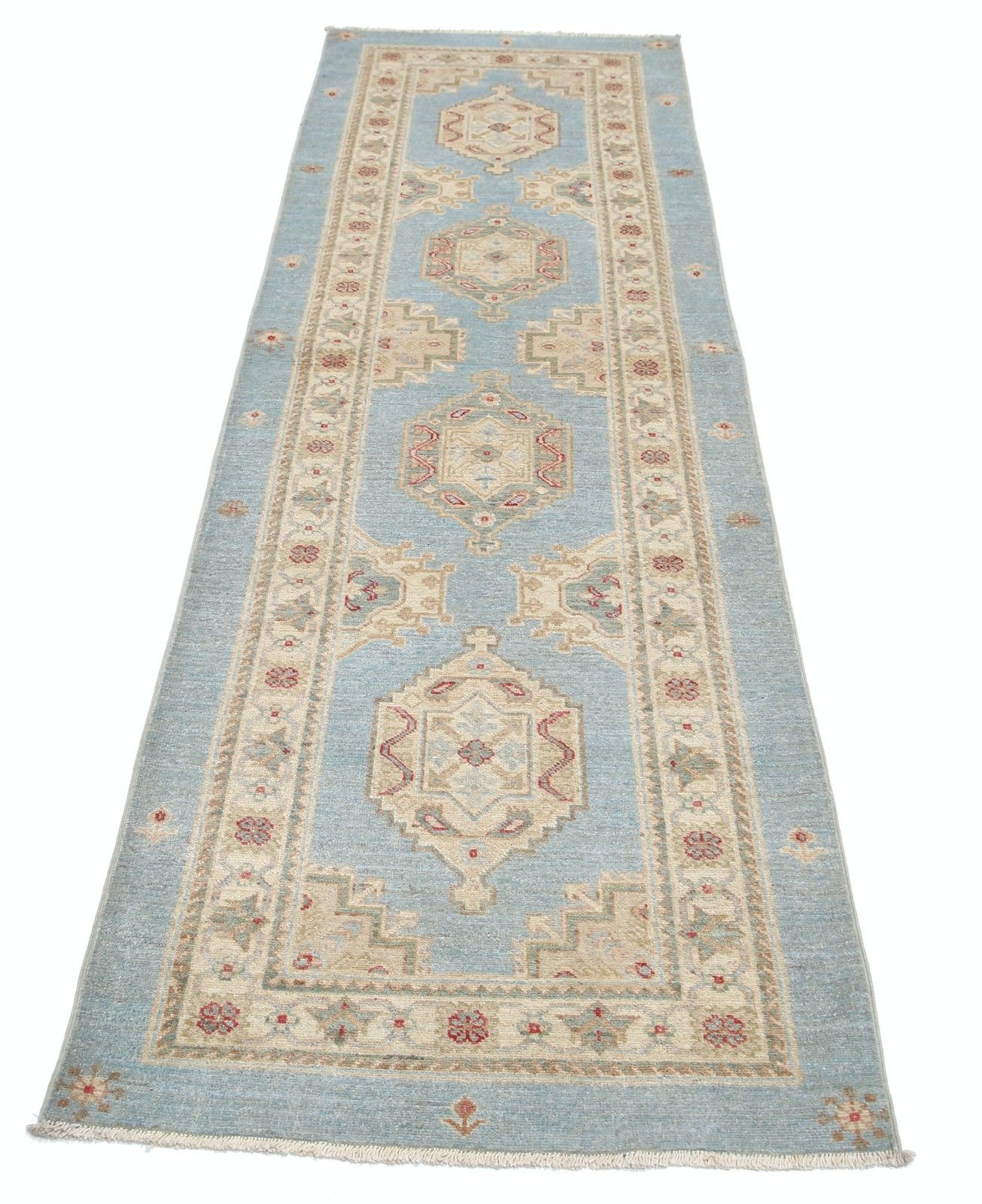 2.7x8 Ft Light Blue, Beige, Red Runner Rug. Handknotted Hallway Rug. Kitchen Rug photo Textiles