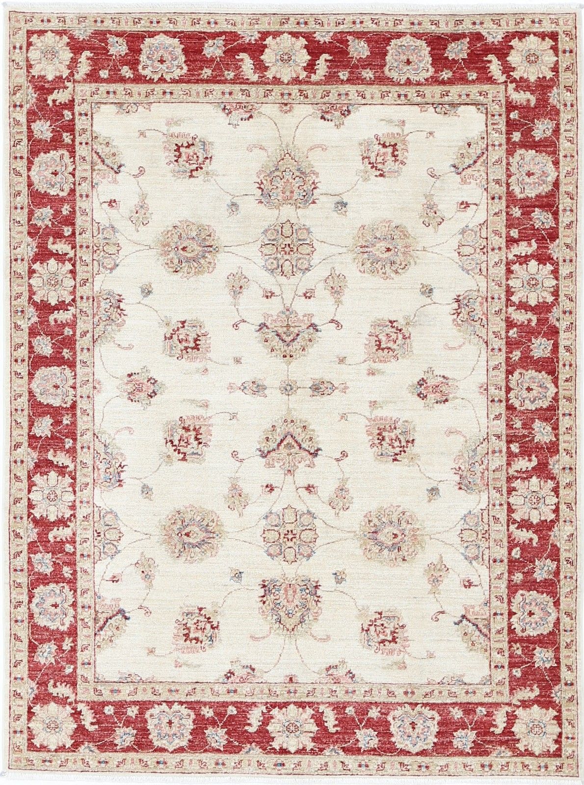 5x6.6 Ft Hand Knotted Oushak Style Area Rug With Red Border And Ivory Field