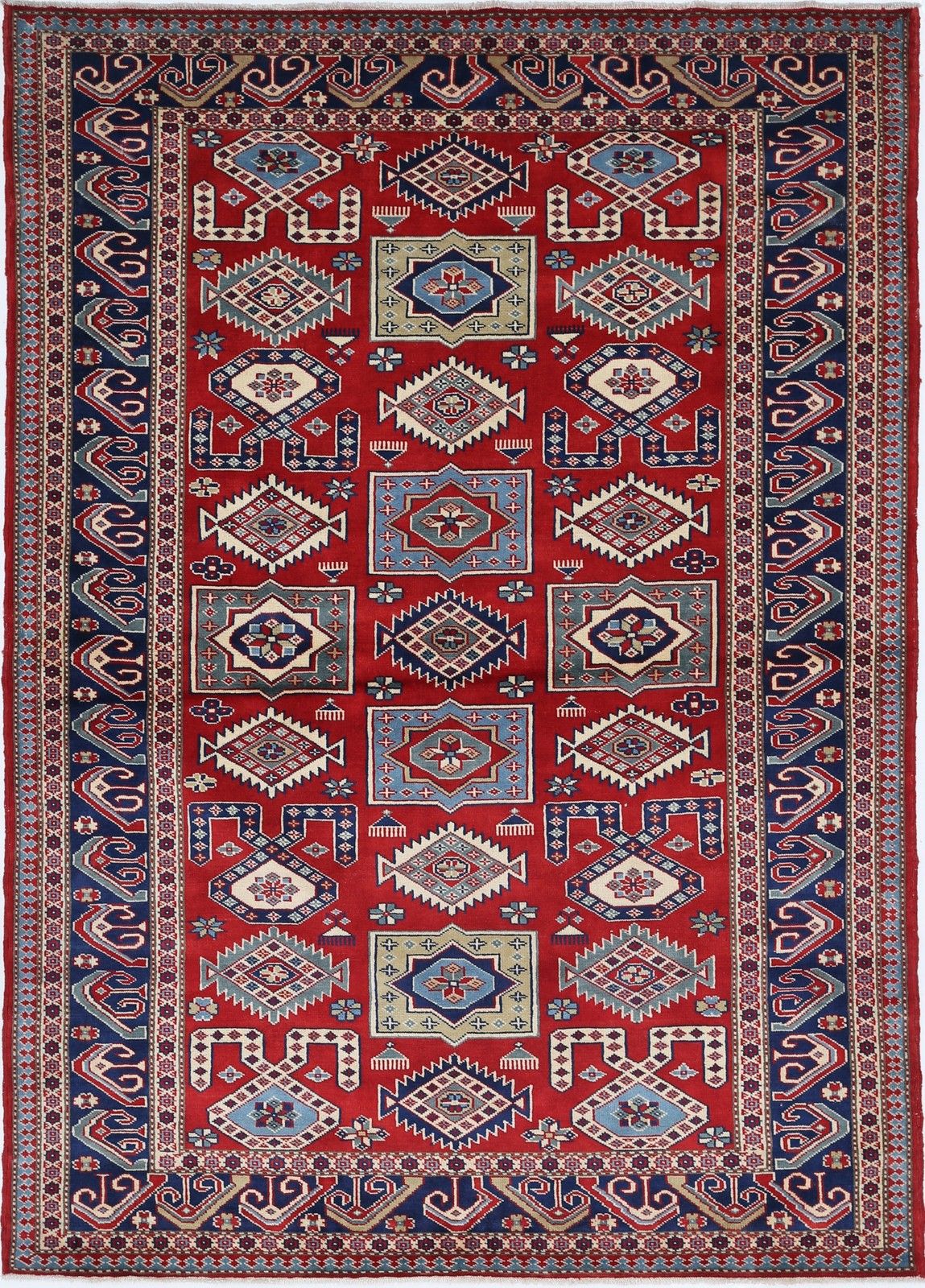 4.2x6 Ft Hand Knotted Red, Blue And Beige Accent Rug With Tribal Motif