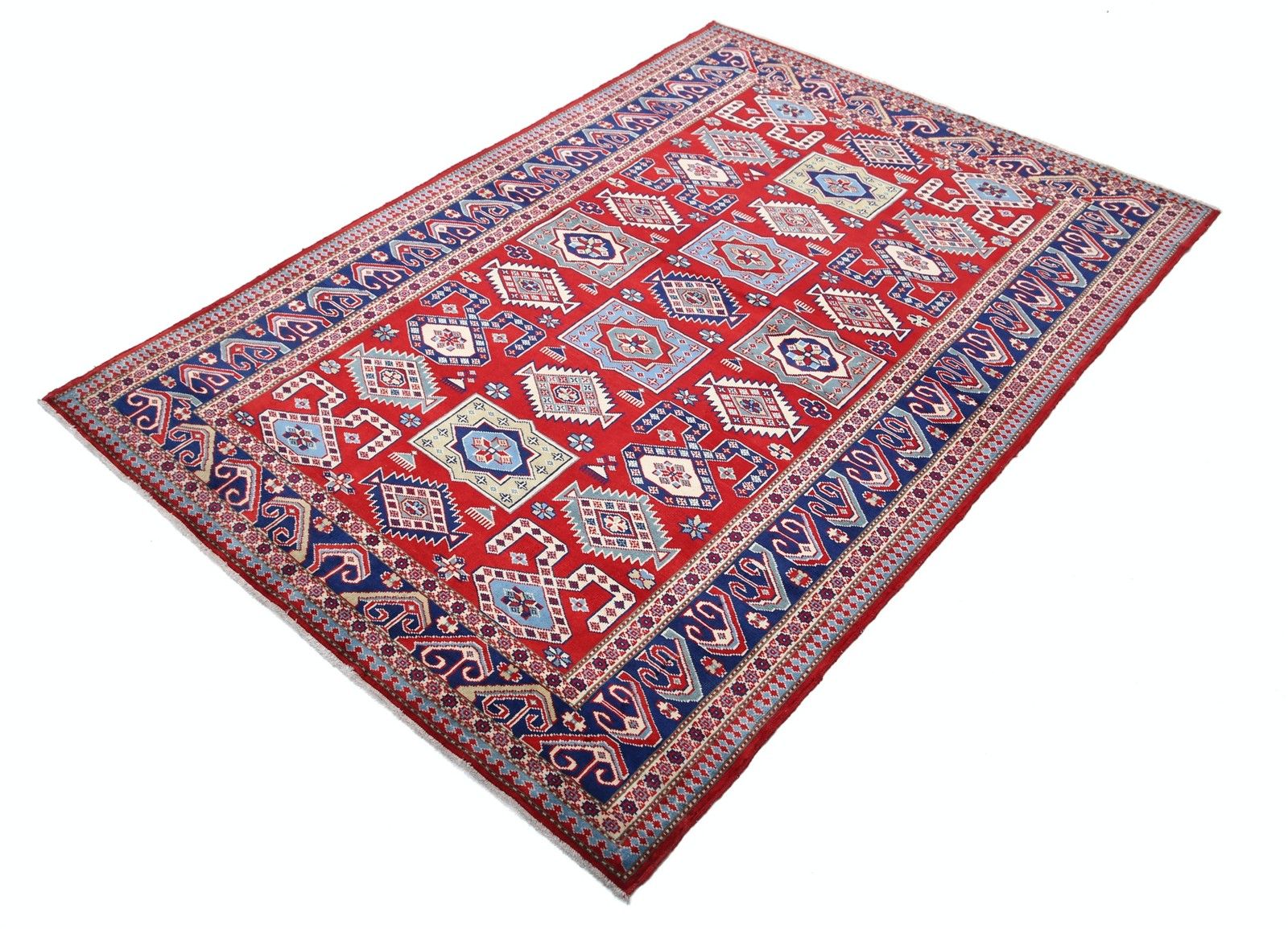 4.2x6 Ft Hand Knotted Red, Blue And Beige Accent Rug With Tribal Motif photo for sale