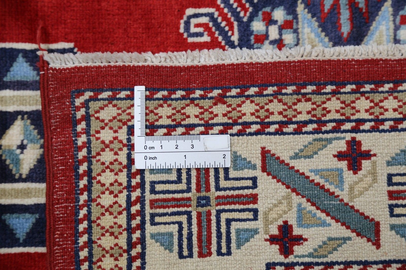 Tapis d'accent tribal noué à la main, rouge, bleu marine, ivoire et bleu clair, 97 x 150 cm photo buy