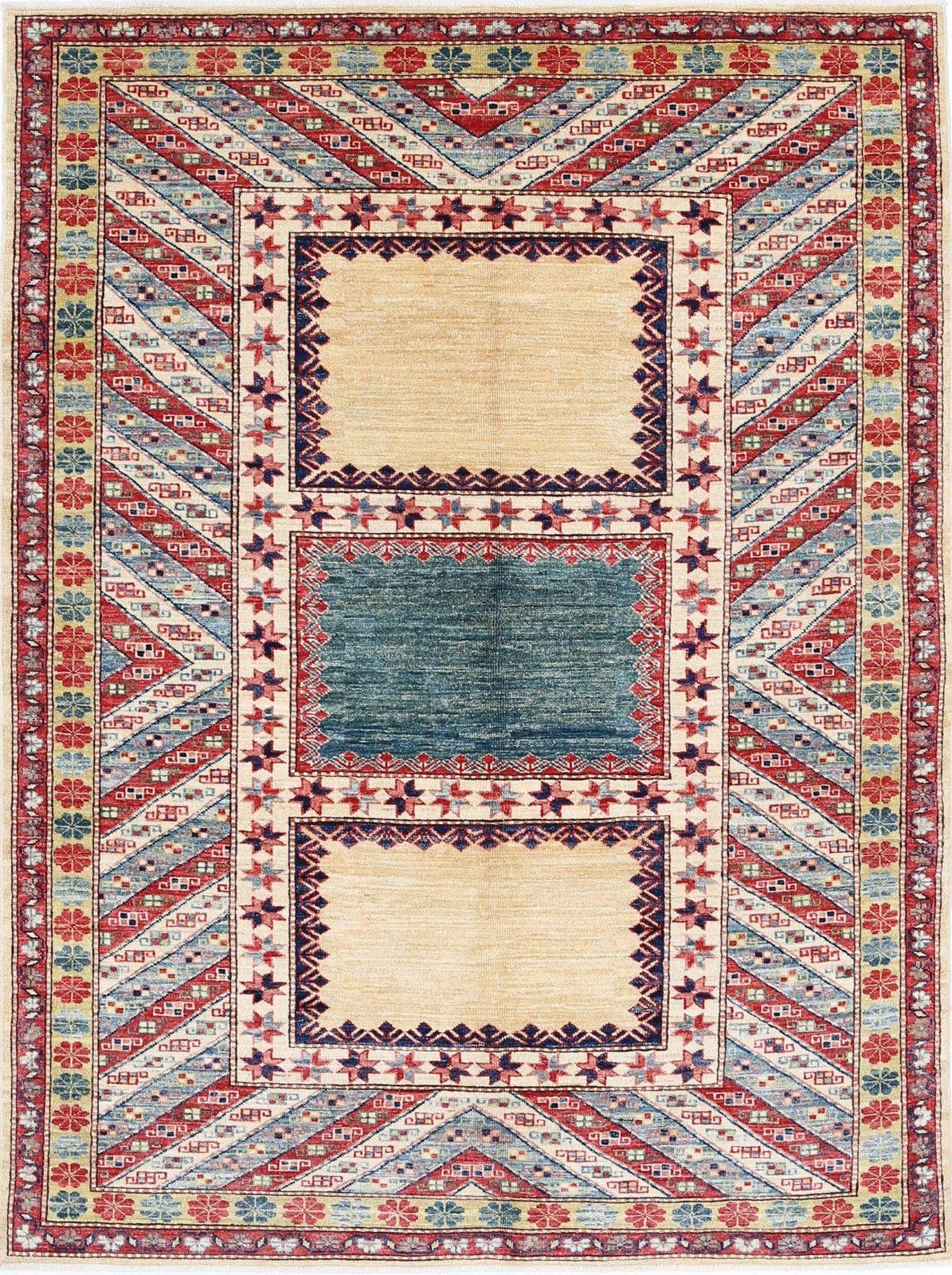 Tapis en laine fait main, rouge, bleu clair et ivoire, à motifs géométriques, 4,8 x 6,5 ft