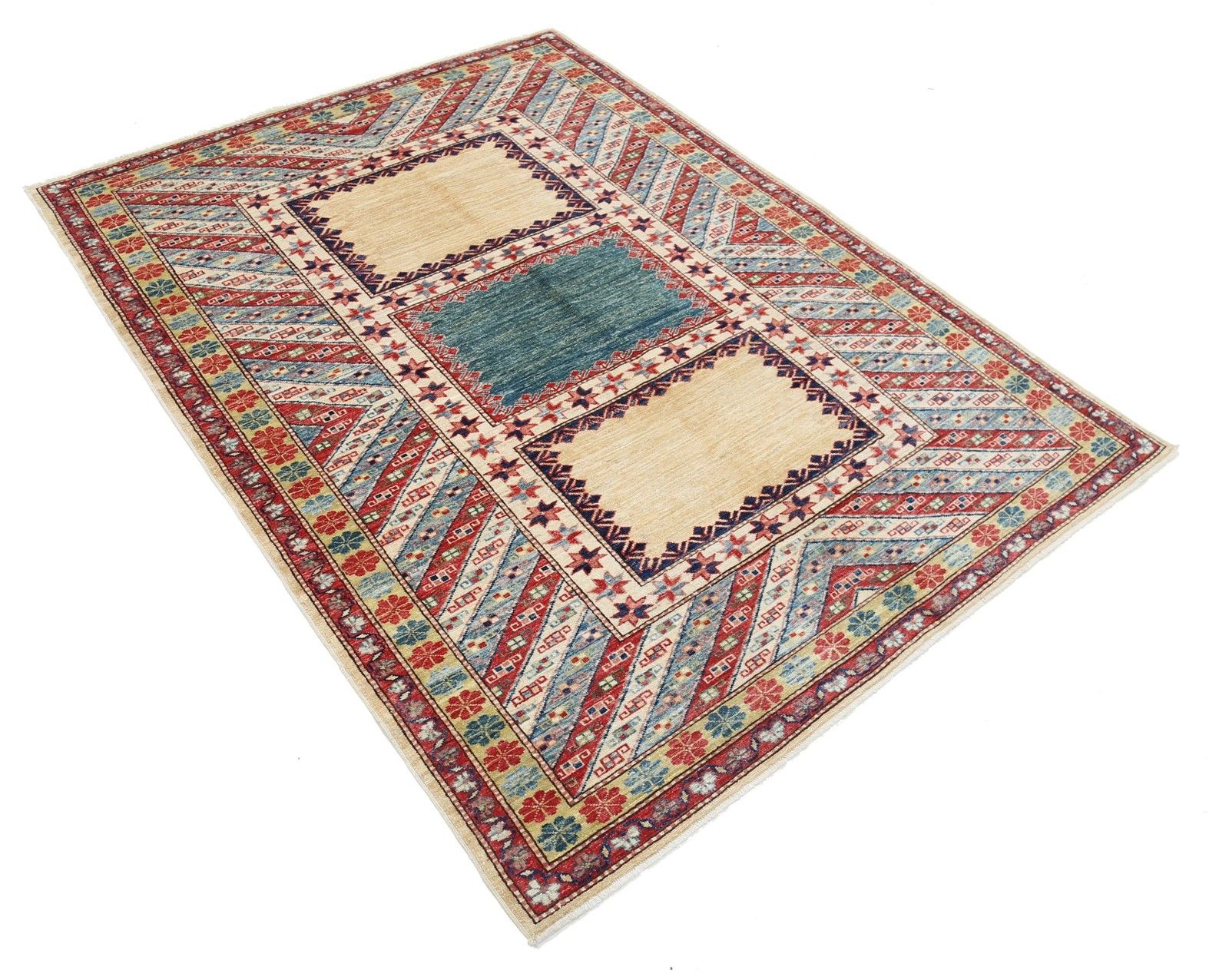 Tapis en laine fait main, rouge, bleu clair et ivoire, à motifs géométriques, 4,8 x 6,5 ft photo for sale