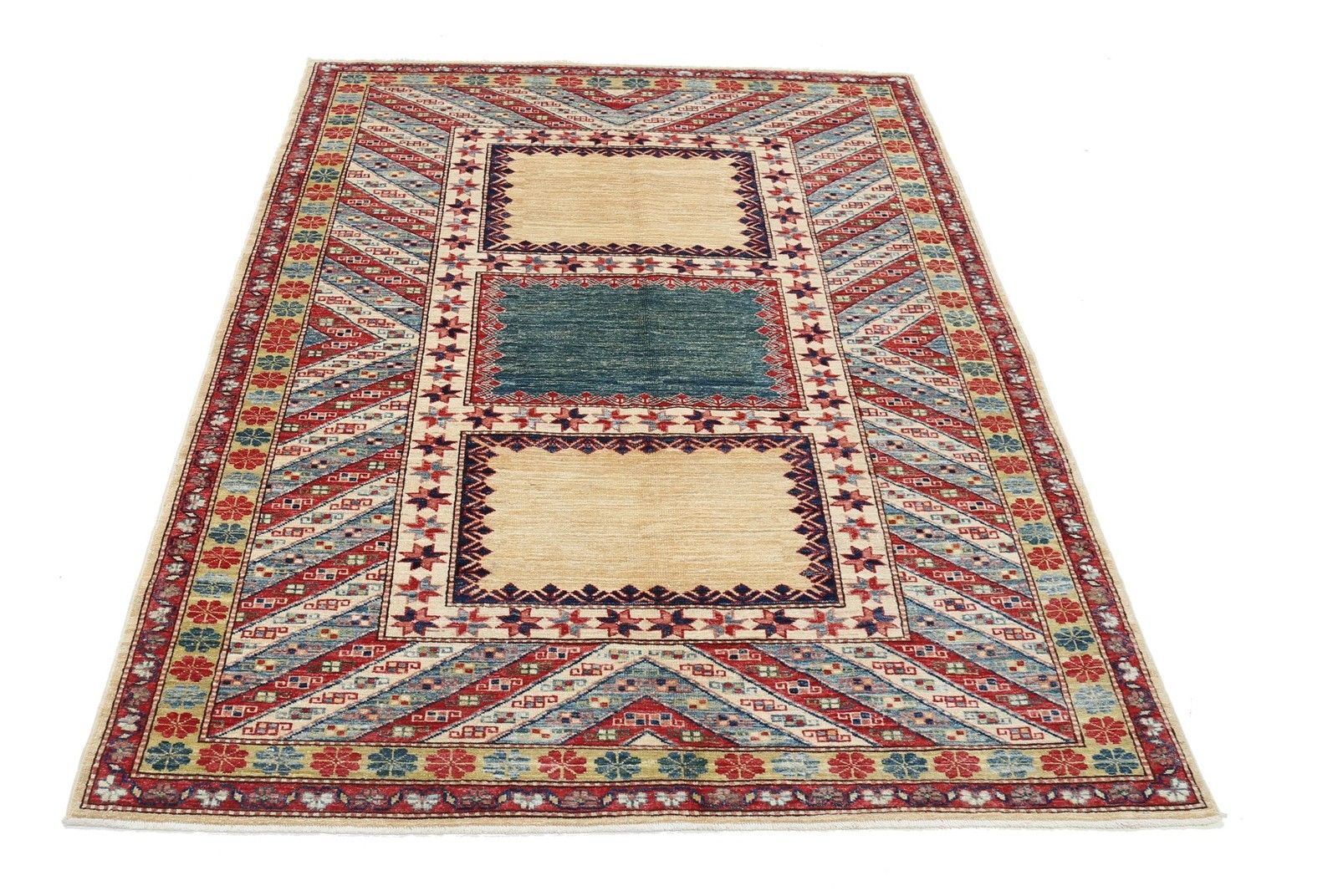 Tapis en laine fait main, rouge, bleu clair et ivoire, à motifs géométriques, 4,8 x 6,5 ft photo Textiles