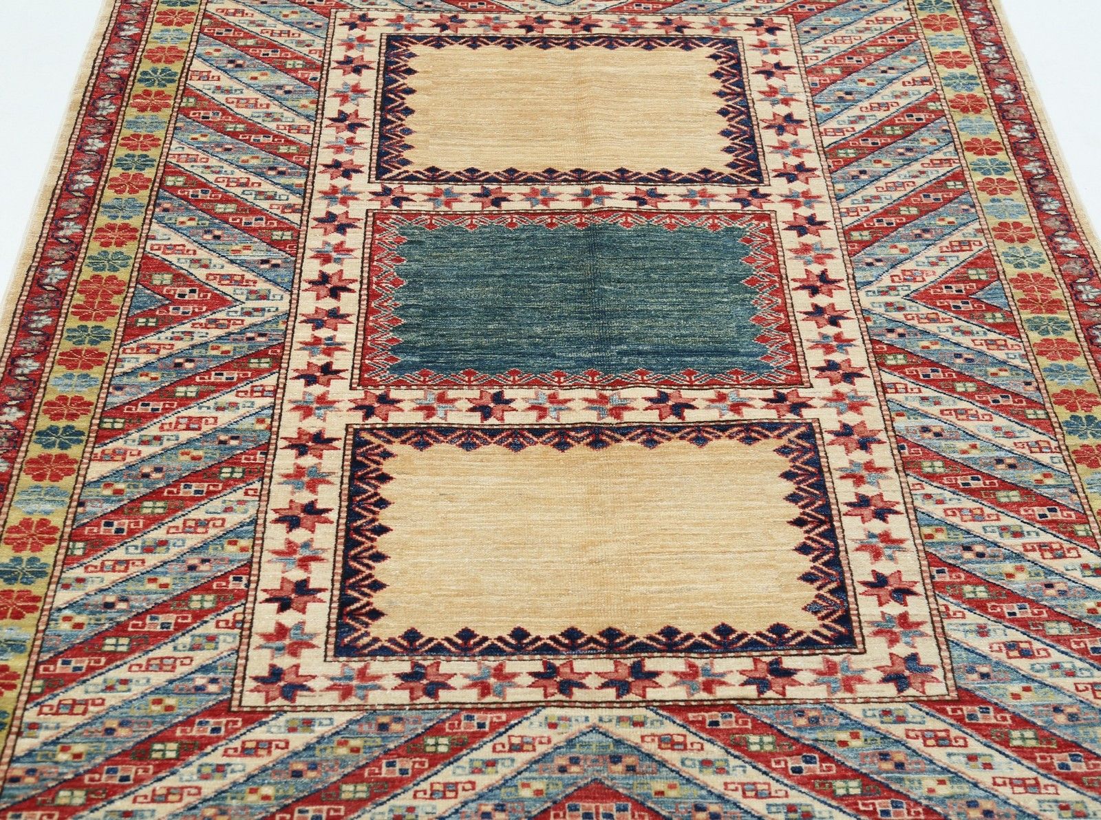 Tapis en laine fait main, rouge, bleu clair et ivoire, à motifs géométriques, 4,8 x 6,5 ft photo 1514.0