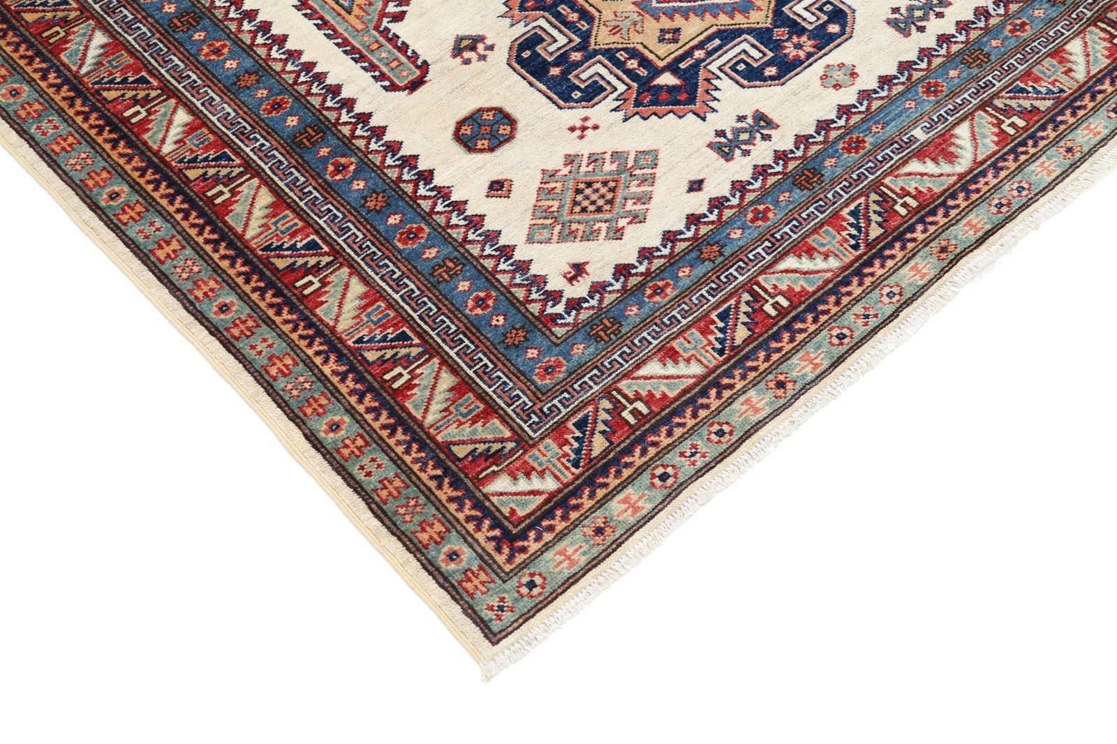5x7 Ft Handgeknoopt Turks Vloerkleed in Rood, Ivoor en Marineblauw met Geometrisch Dessin photo Textiel