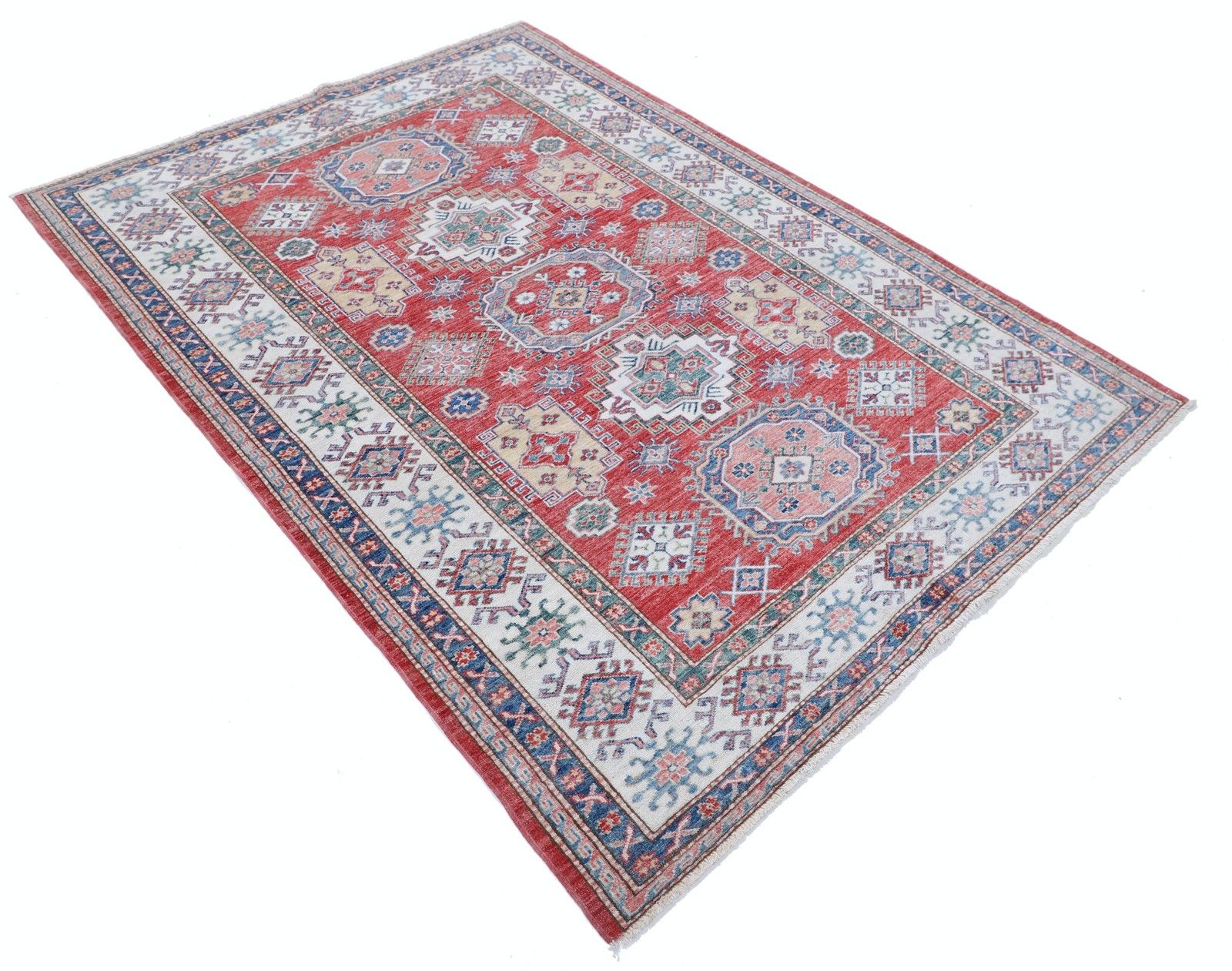 Tapis de zone artisanal 150 x 206 cm, rouge, bleu clair et ivoire, tapis géométrique turc photo furniture