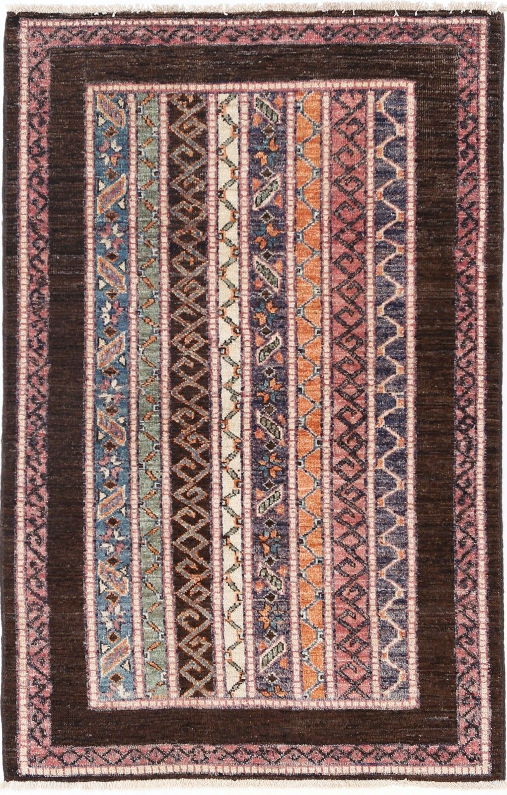 3x5 Ft Colorful Hand Knotted Oushak Wool Rug. Turkish Stripe Motif Accent Rug