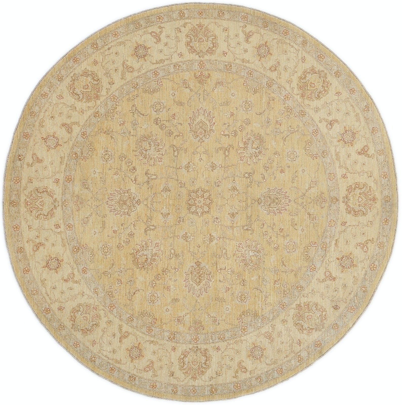8x8 Ft Hand Knotted Round Rug. Beige Oushak Carpet With Floral Medallion Pattern